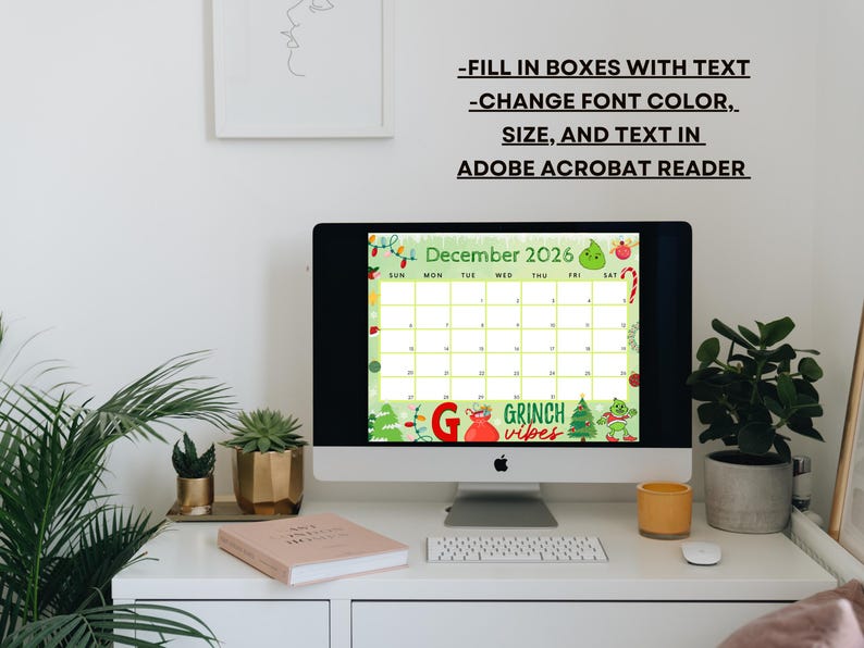 Editable December 2026 Calendar, Printable Calendar w/ Christmas Lights and Christmas Tree, Green Christmas Calendar, Family Calendar