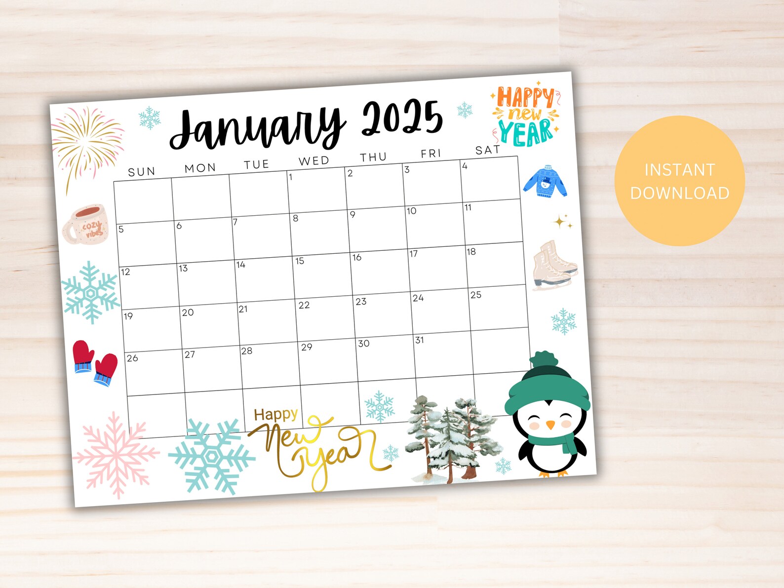 Editable January Calendar 2025, Printable Wall Calendar 2025, Happy New