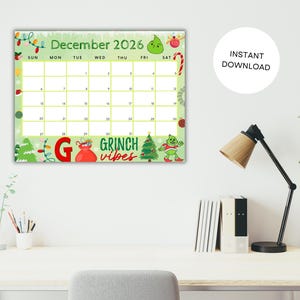 Editable December 2026 Calendar, Printable Calendar w/ Christmas Lights and Christmas Tree, Green Christmas Calendar, Family Calendar