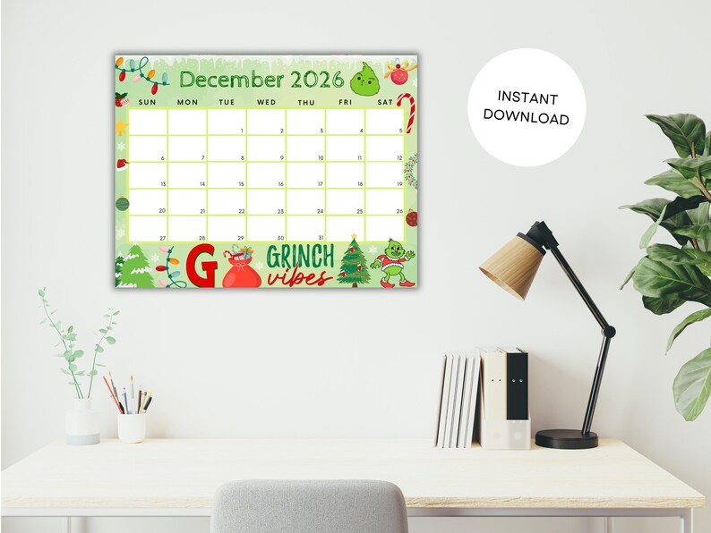 Editable December 2026 Calendar, Printable Calendar w/ Christmas Lights and Christmas Tree, Green Christmas Calendar, Family Calendar
