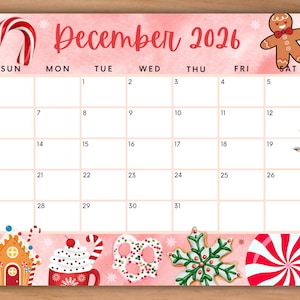 Editable December 2026 Calendar, Printable Red Christmas Calendar w/ Candy Cane, Holiday Calendar, Cute Calendar, School Calendar for Kids