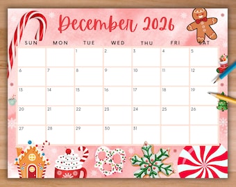 Editable December 2026 Calendar, Printable Red Christmas Calendar w/ Candy Cane, Holiday Calendar, Cute Calendar, School Calendar for Kids