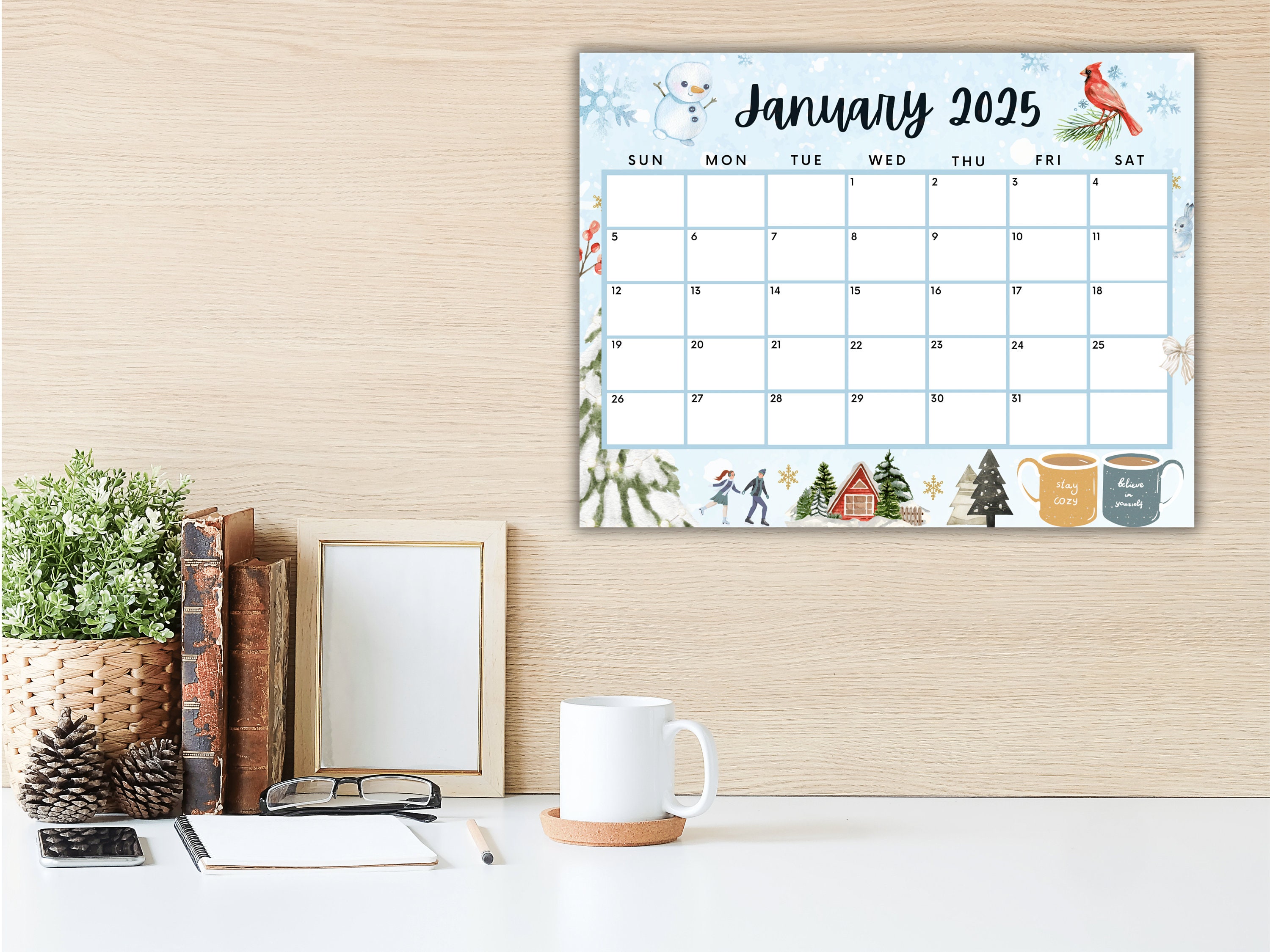 Editable January Calendar 2025, Printable Calendar 2025, Cute Snowman Calendar for Winter