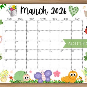BEWERKBARE kalender maart 2026, afdrukbare wandkalender 2026, kleurrijke kinderkalender voor lente, schoolkalender, klaskalender