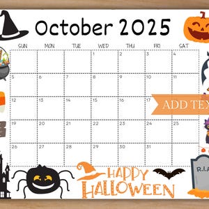 Editable October 2025 Calendar, Printable Cute Calendar, Happy Halloween w/ Candy Classroom Calendar, Spooky Calendar, School Calendar