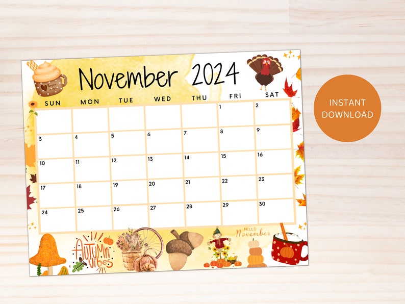 Editable November 2024 Calendar, Printable Wall Calendar 2024, Fall
