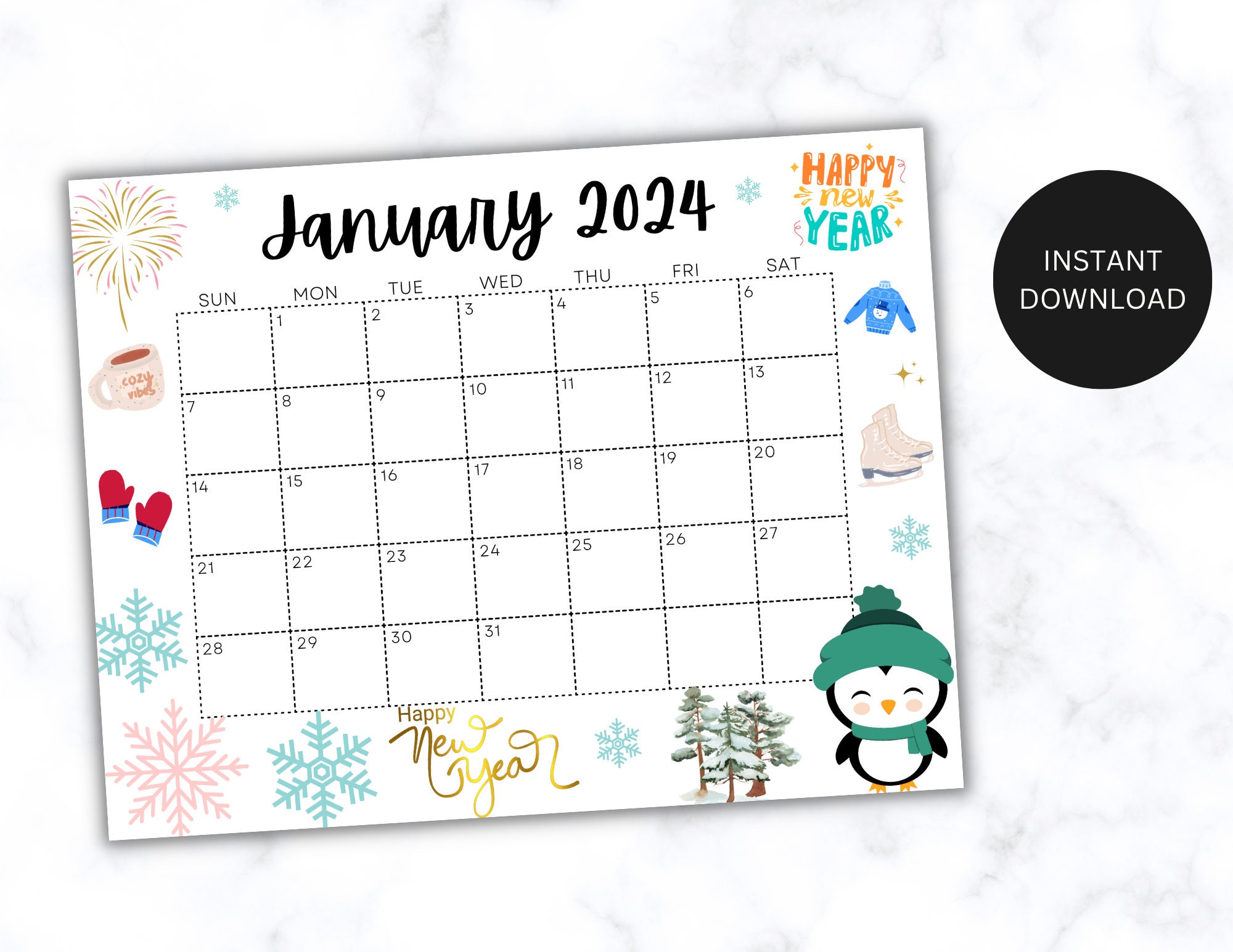 Editable January Calendar 2024, Printable Wall Calendar 2024, Happy New