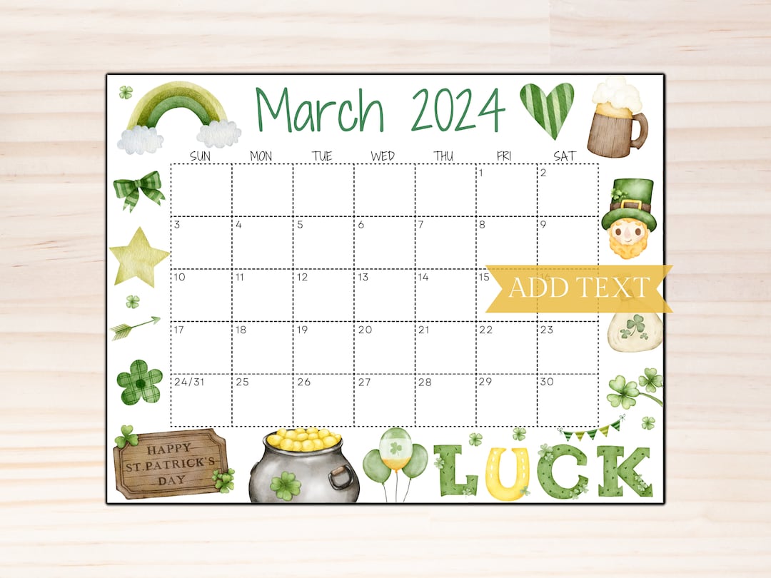 EDITABLE March 2024 Calendar Printable Wall Calendar 2024 St Etsy