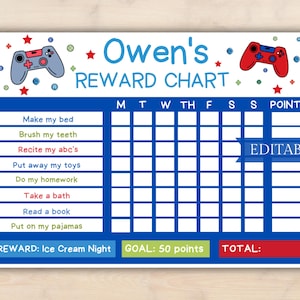 May include: A blue and red printable reward chart for kids with a video game theme. The chart has a space for a child's name, a list of chores, and a grid for tracking points earned each day. The reward is "Ice Cream Night".
