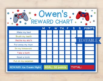 May include: A blue and red printable reward chart for kids with a video game theme. The chart has a space for a child's name, a list of chores, and a grid for tracking points earned each day. The reward is "Ice Cream Night".