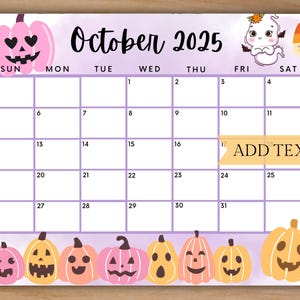 Editable October 2025 Calendar, Printable Wall Calendar w/ Cute Pumpkins, Monthly Calendar, Family Calendar, School Calendar for Halloween