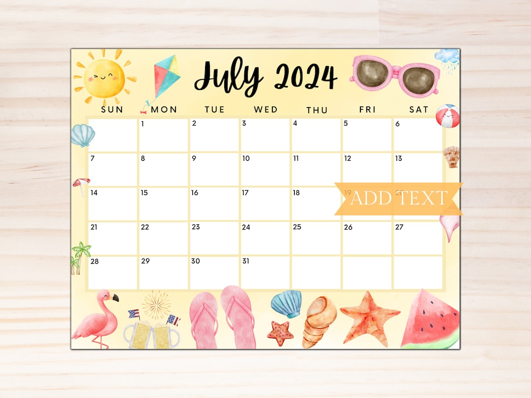 Editable July 2024 Calendar, Printable July Planner, Cute Calendar W