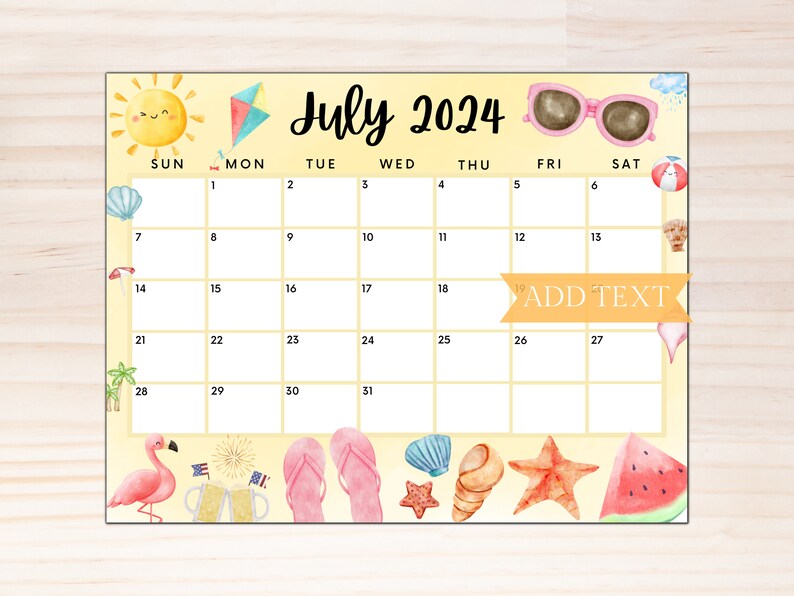 Bewerkbare juli 2024 kalender, afdrukbare juli planner, leuke kalender