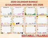 Editable January 2026 Calendar Bundle- Printable Wall Calendar 2026- Beautiful Holiday Calendars for 2026- Classroom Calendar- Cute Calendar