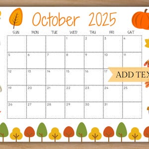 Editable October 2025 Calendar, Printable Calendar, 2025 Wall Calendar, Monthly Calendar, Classroom Calendar, Fall Calendar, School Calendar