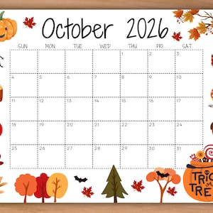 May include: A printable October 2026 calendar page featuring a white background with autumn-themed illustrations including a pumpkin, skeleton, cupcake, red apple, leaves, trees, a bat, an acorn, and a pumpkin bucket labeled Trick or Treat.