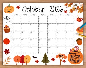 Peut inclure: Une page de calendrier imprimable pour octobre 2026 sur fond blanc avec des illustrations sur le thème de l'automne, notamment une citrouille, un squelette, un cupcake, une pomme rouge, des feuilles, des arbres, une chauve-souris, un gland et un seau citrouille marqué Trick or Treat.