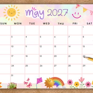 MODIFIABLE calendrier de mai 2027, calendrier imprimable, calendrier printanier coloré avec fleurs, calendrier mensuel, joli calendrier d'école à la maison, à remplir