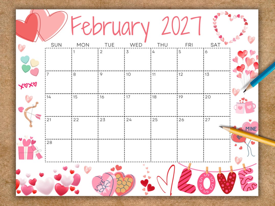 Editable February Calendar 2027, Printable Wall Calendar, Cute Calendar  With Love for Valentine's, Classroom Calendar, School Calendar - Etsy