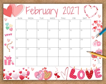 Editable February Calendar 2027, Printable Wall Calendar, Cute Calendar  with love for Valentine's, Classroom Calendar, School Calendar