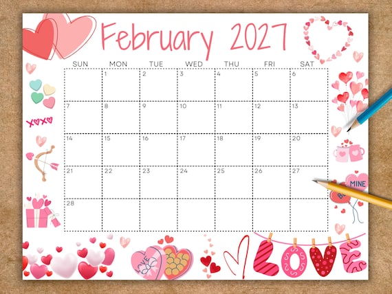 Buy Editable February Calendar 2027, Printable Wall Calendar, Cute Calendar  With Love for Valentine's, Classroom Calendar, School Calendar Online in  India - Etsy