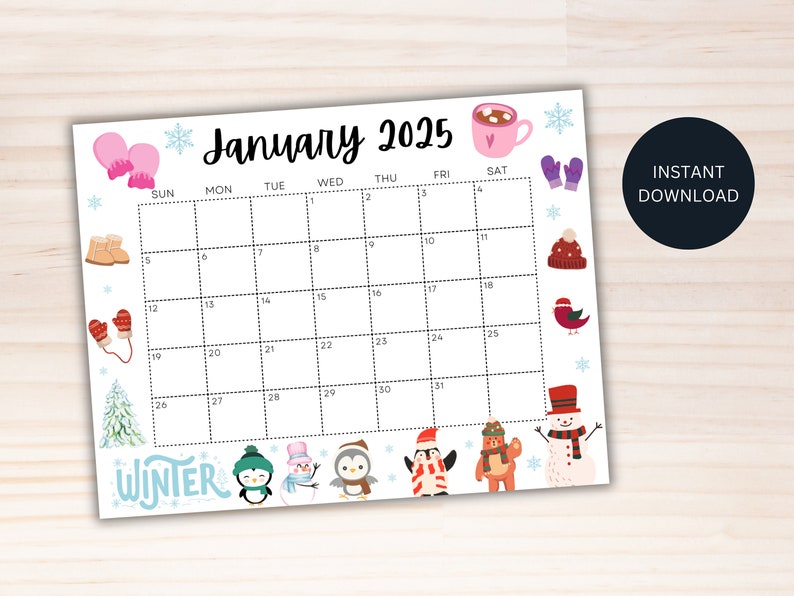 Editable January Calendar 2025, Printable Wall Calendar 2025, Beautiful Winter Calendar, School