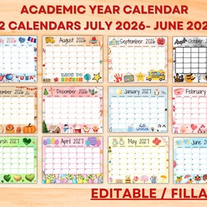Calendrier scolaire modifiable 2026-2027 de juillet à juin - Calendrier scolaire à domicile imprimable - Calendrier scolaire pour enfants avec motifs mignons - Bundle de calendrier