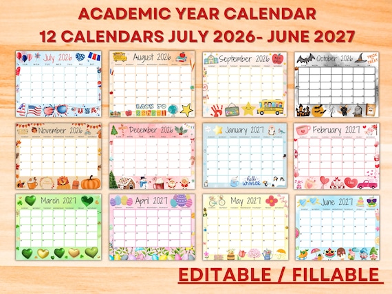 Editable School Calendar 2026-2027 From July to June- Printable Homeschool  Calendar- Kids School Schedule W/ Cute Designs- Calendar Bundle - Etsy  Denmark