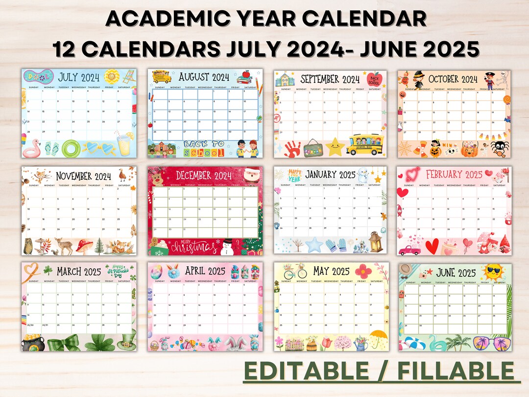 Editable School Calendar 20242025 From July to June Printable Kids