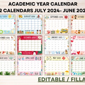 Editable School Calendar 2024-2025 From July to June Printable Kids ...