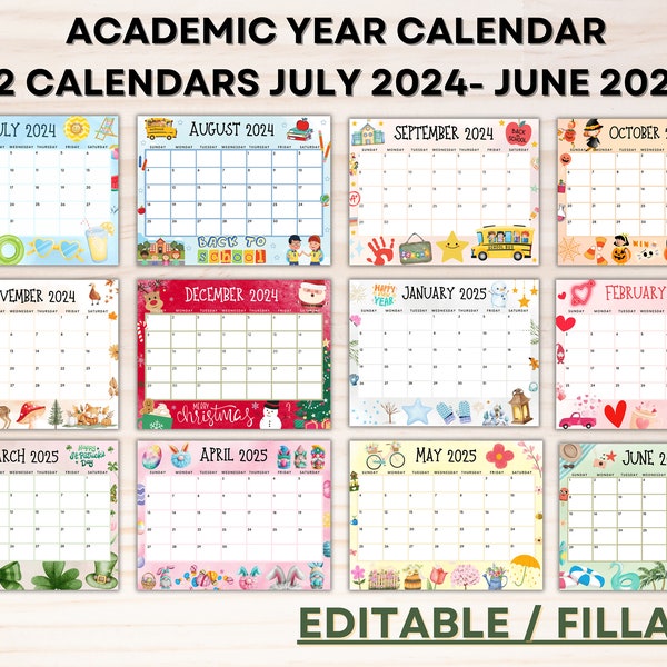 Printable Kids Planner School Year 2024 2025 Calendar Editable Kids