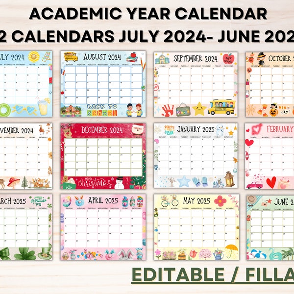 Editable School Calendar 2024-2025 from July to June- Printable Kids School Schedule- Monthly Homeschool Calendar- Cute Classroom Calendar