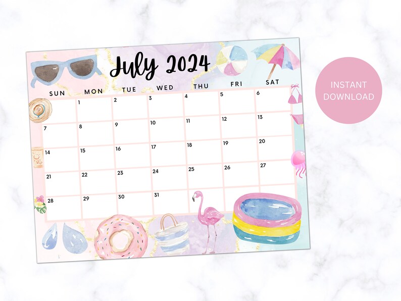 PRINTABLE July 2024 Calendar, Editable July Planner, Cute Calendar W