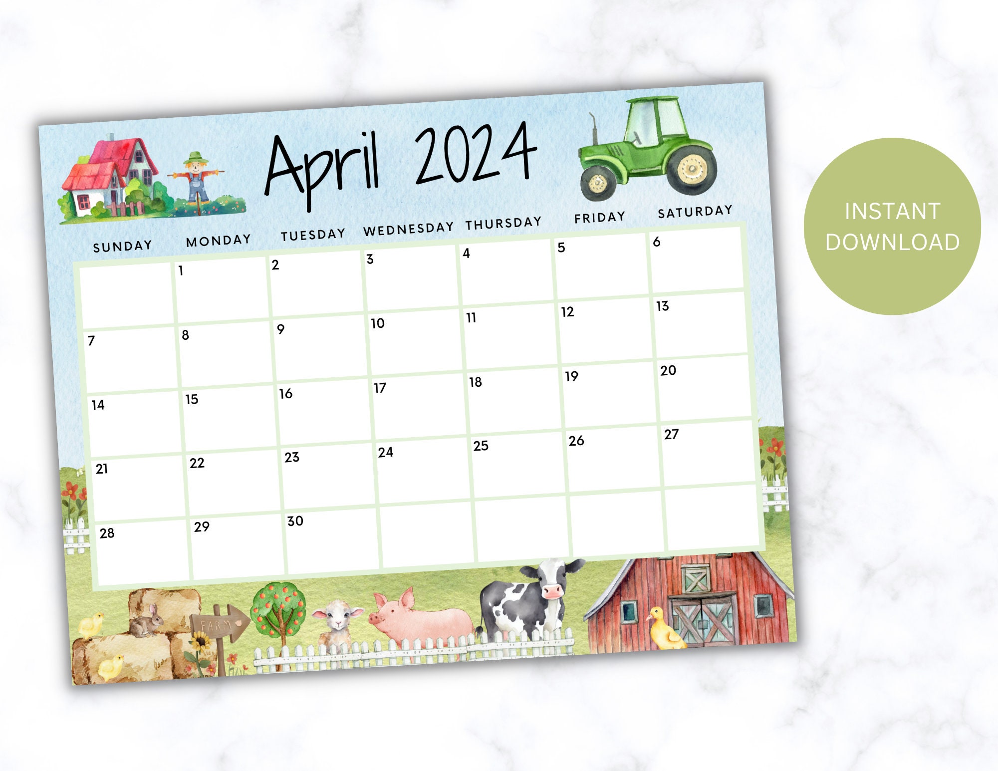 EDITABLE April 2024 Calendar, Printable Farm Calendar W/ Farm Animals