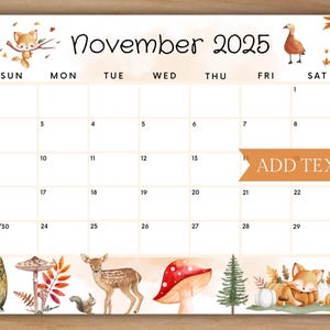 Calendario modificabile di novembre 2025, calendario stampabile con creature del bosco, bellissimo autunno, programma scolastico per bambini, calendario compilabile autunno