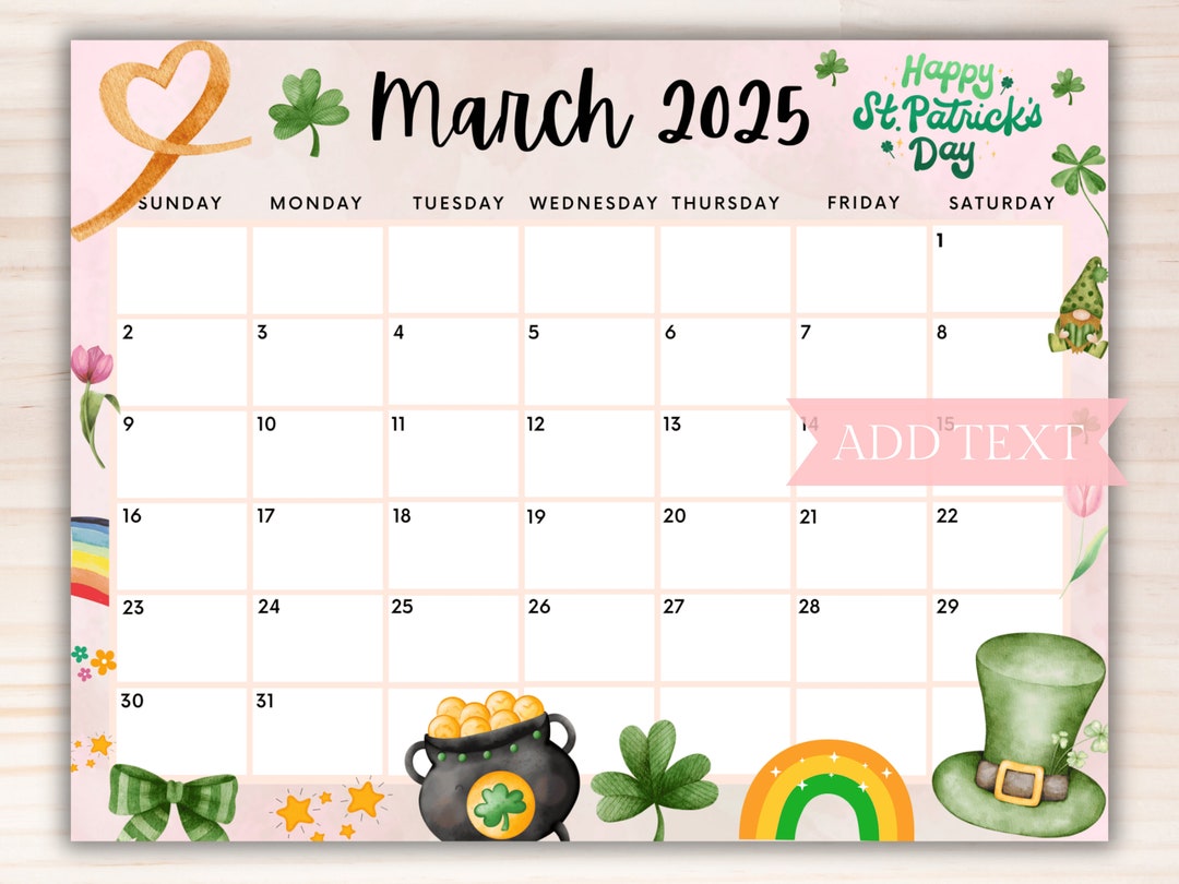 EDITABLE March 2025 Calendar, Printable Wall Calendar 2025, St Patricks ...