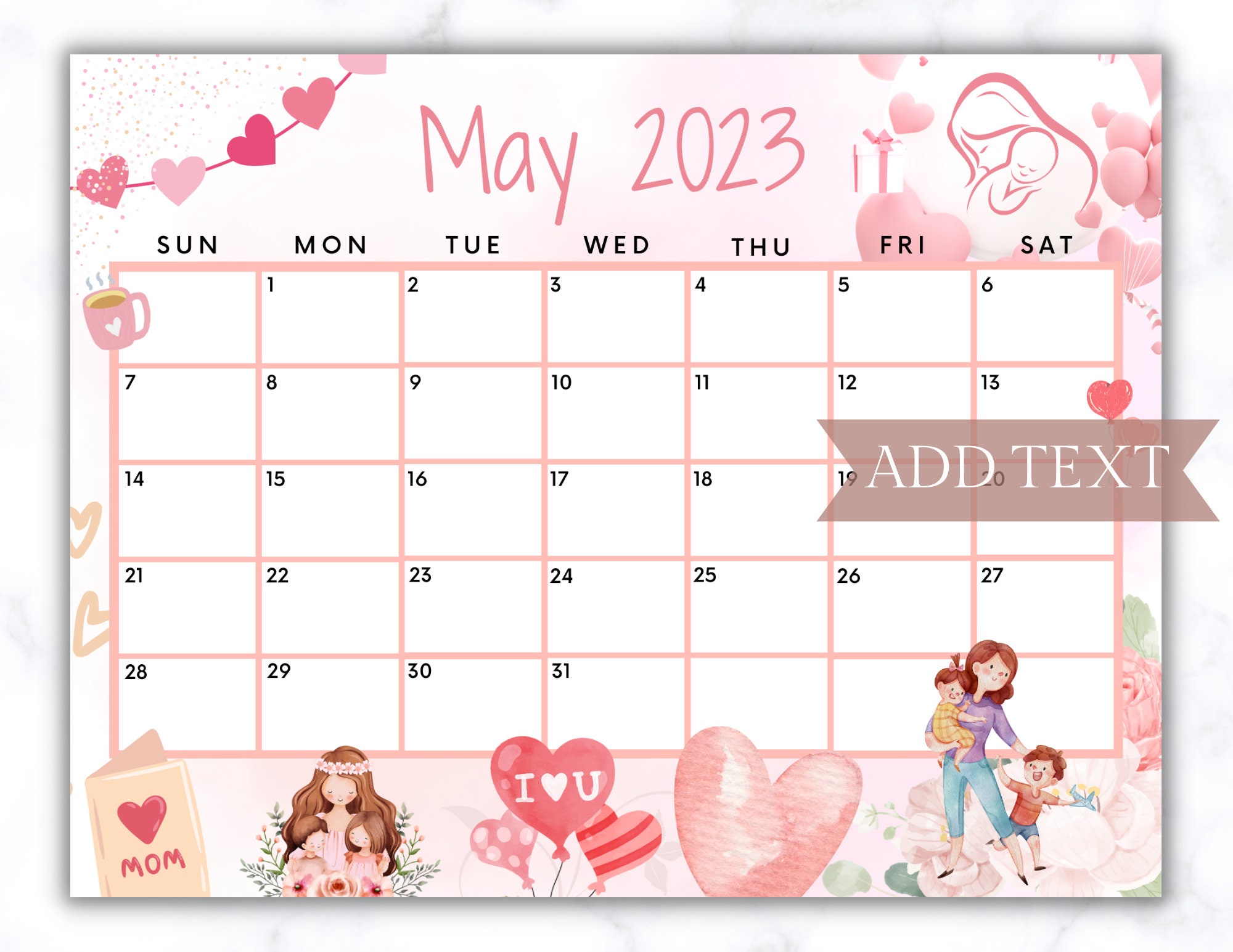 EDITABLE May 2023 Calendar Printable Mothers Day Calendar - Etsy