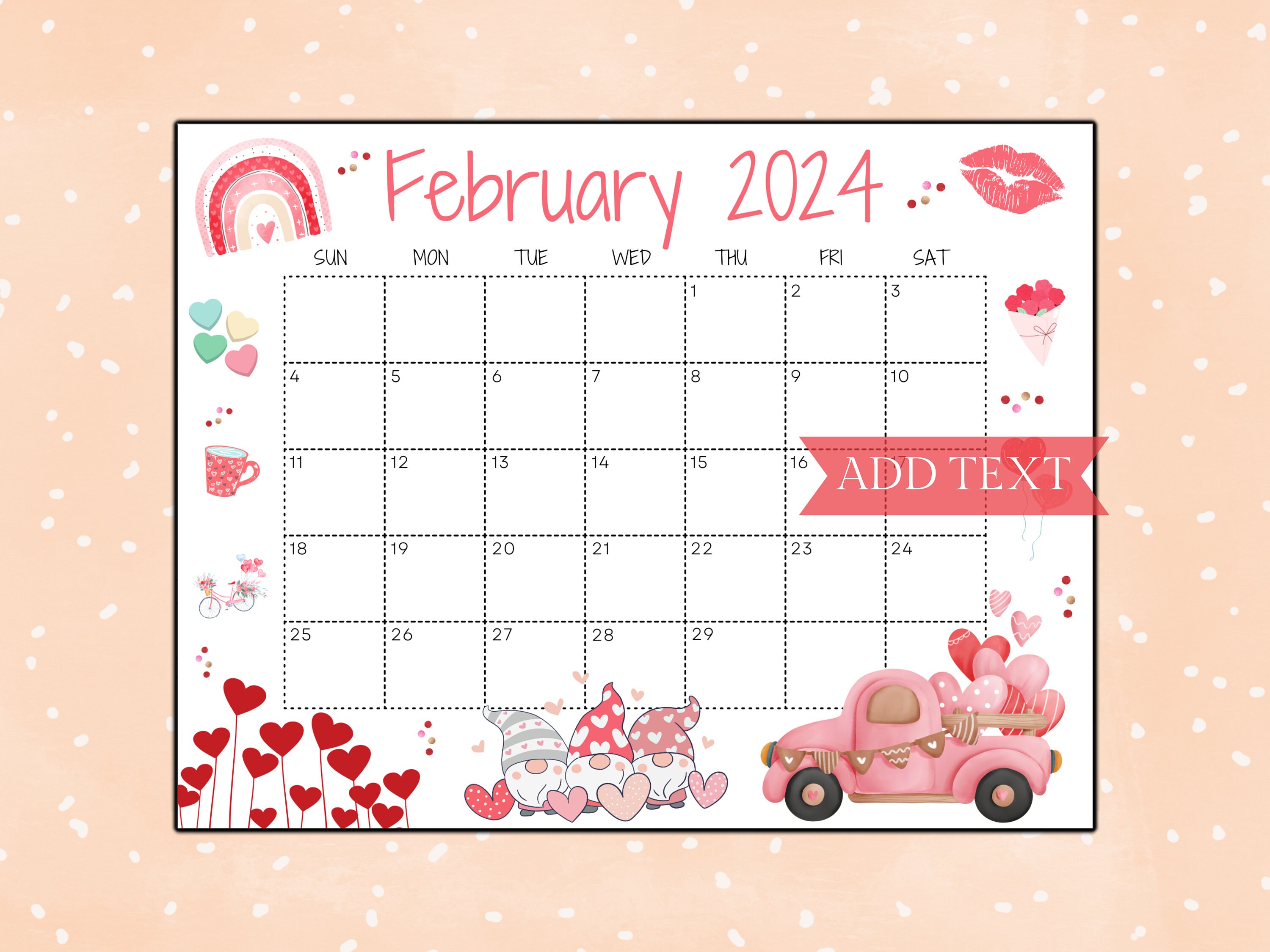 Editable February Calendar 2024, Printable Wall Calendar 2024, Cute