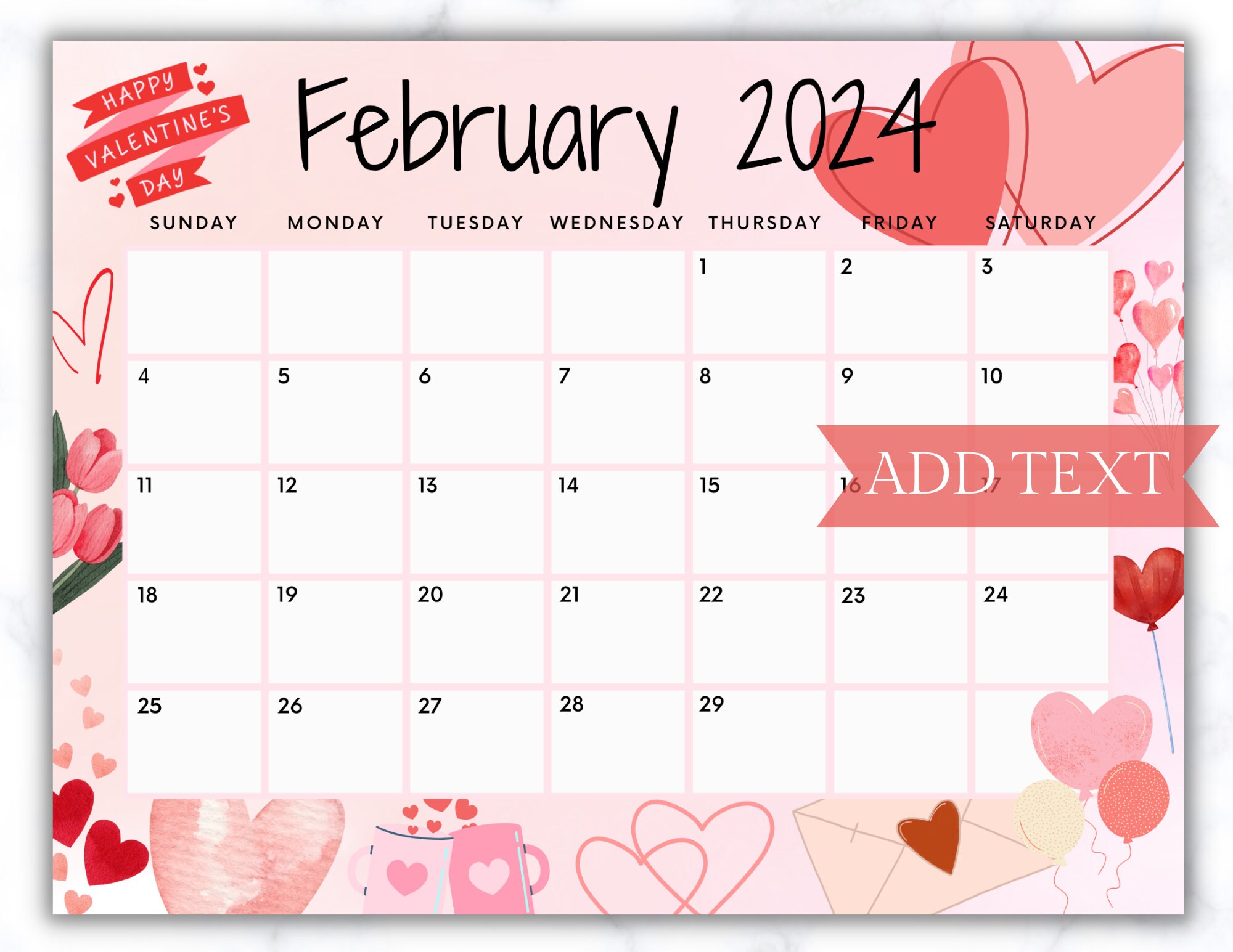 Editable February Calendar 2024 Printable Wall Calendar 2024 Etsy