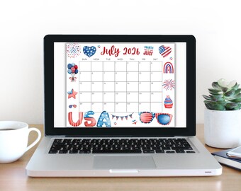 印刷可能な2026年7月4日カレンダー、アメリカ国旗付き編集可能な夏