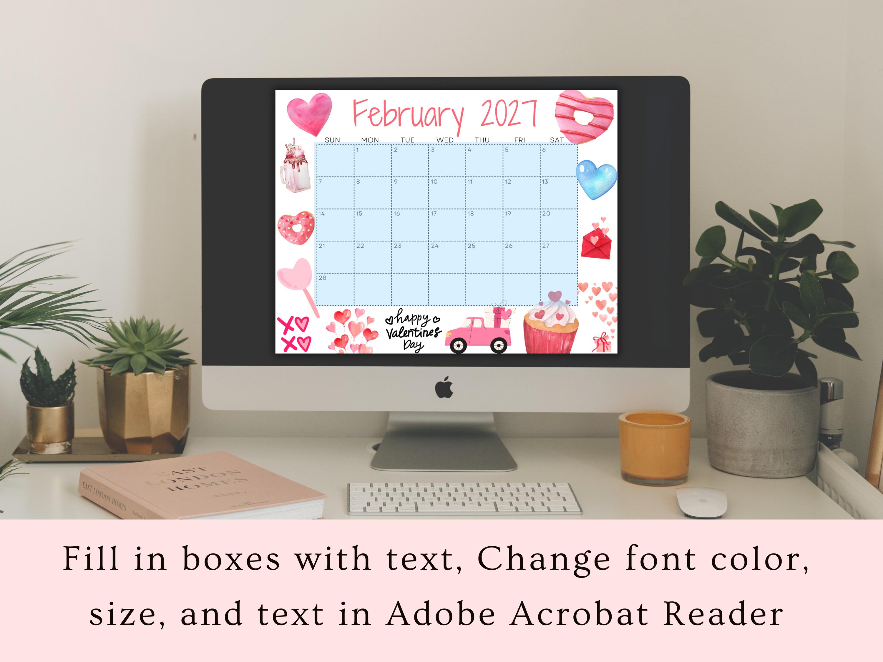 Editable February 2027 Calendar, Printable Valentines Day Planner for Home School Work Office - Etsy