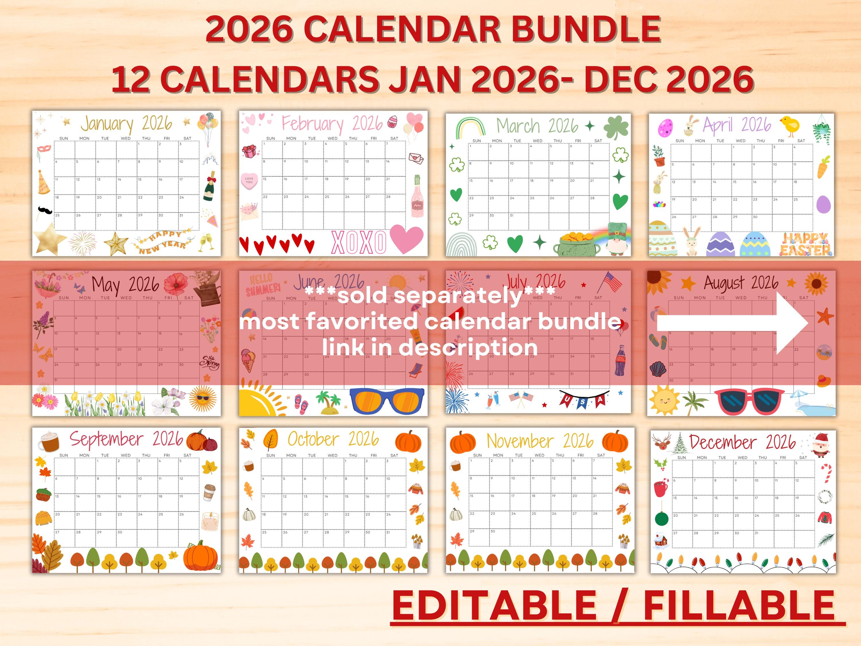 Editable 2026 Monthly Calendars W/ Cute Designs- Printable Fillable ...