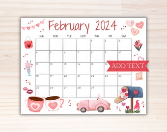 Editable February 2024 Calendar, Printable  Cute Calendar 2024, w/ coffee hearts and Pink car, School Calendar, Kids School Schedule
