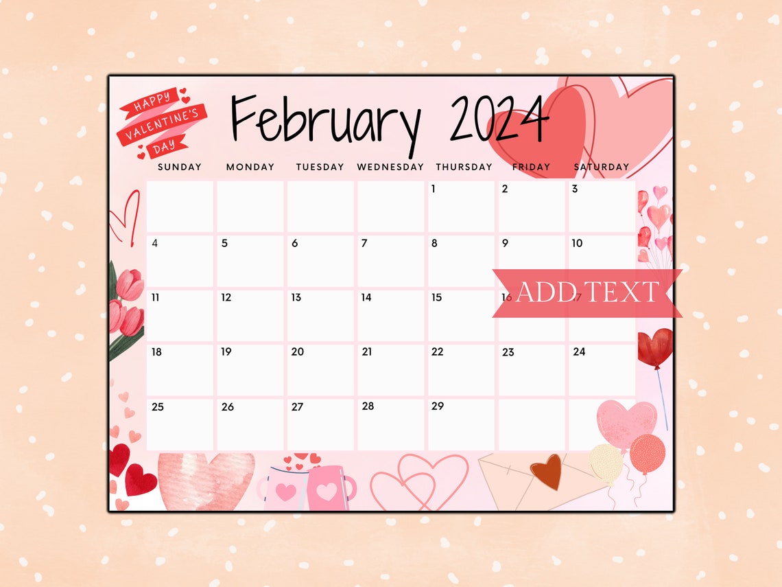 Editable February Calendar 2024, Printable Wall Calendar 2024