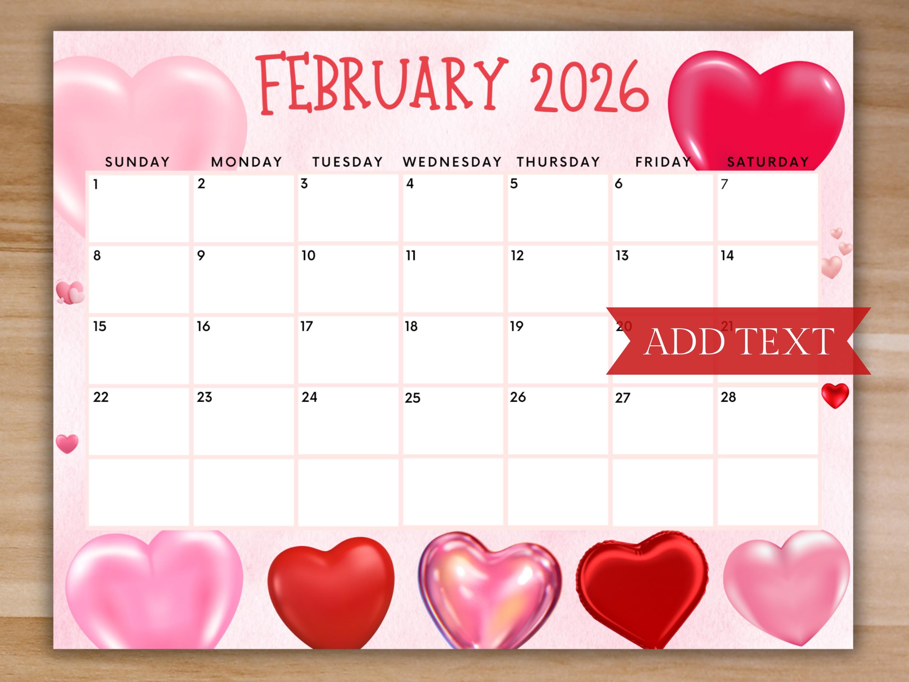 Calendario de febrero de 2026 editable, calendario imprimible del día de San Valentín con corazones, horario escolar para niños, lindo calendario mensual con corazones en color rosa