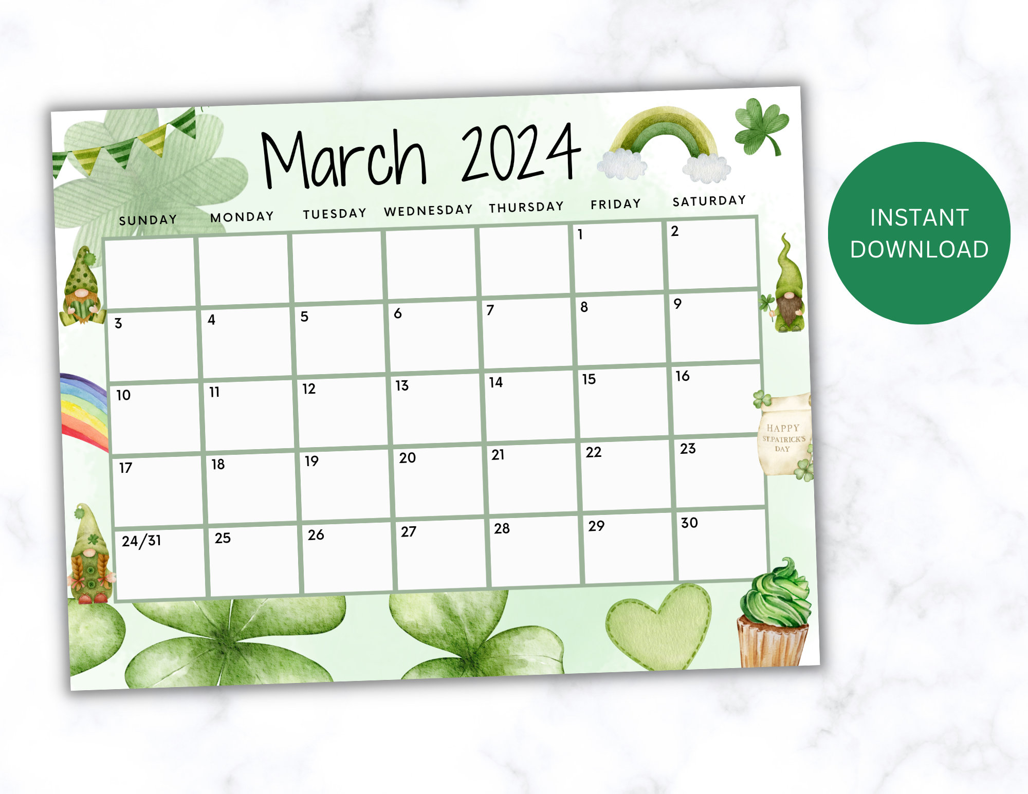 EDITABLE March 2024 Calendar, Printable Wall Calendar 2024, Green St
