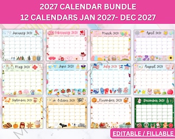 Editable 2027 Calendar Bundle- Printable January Calendar 2027- Holiday Calendars for the whole year- Monthly Classroom Calendar- Fillable
