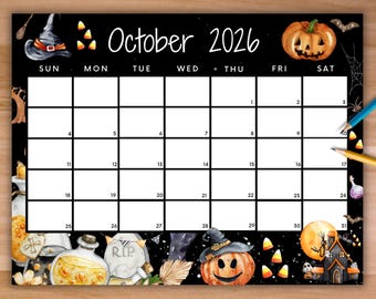 Peut inclure: Une page de calendrier mensuel pour octobre 2026 sur fond noir avec des illustrations à l'aquarelle d'un chapeau de sorcière, de citrouilles, de bonbons, de fioles, d'une pierre tombale et d'une maison hantée. La grille a des cases blanches.