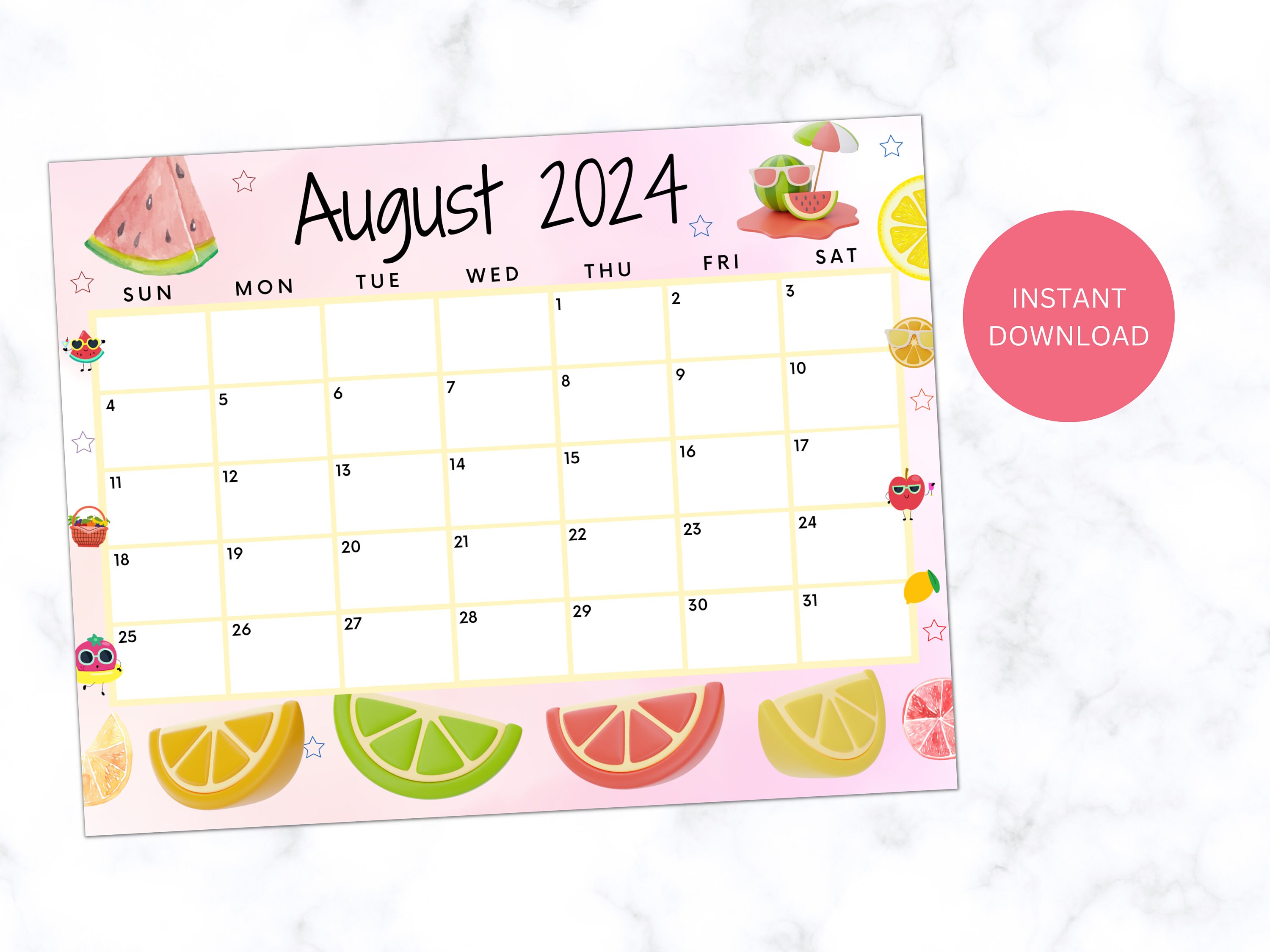 Printable August 2024 Calendar, Printable Summer Calendar W