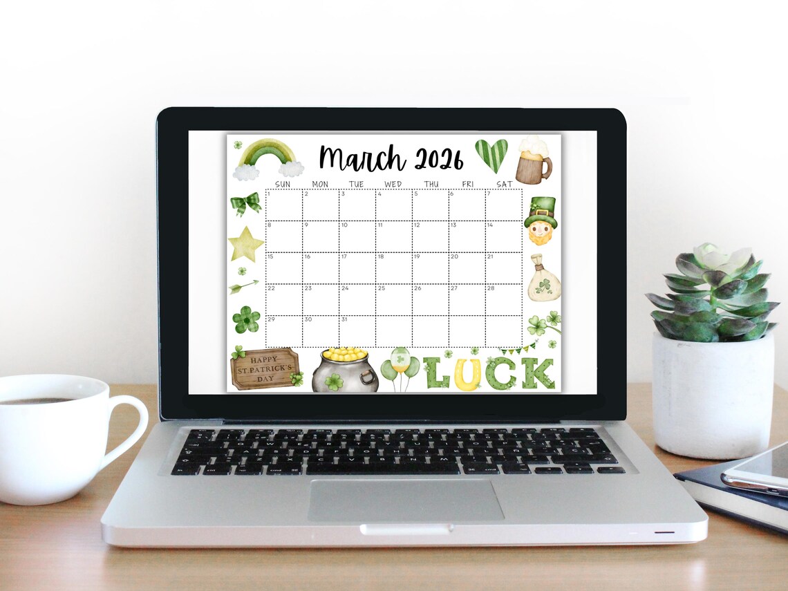 EDITABLE March 2026 Calendar, Printable Calendar W/ St Patricks Day Pot ...